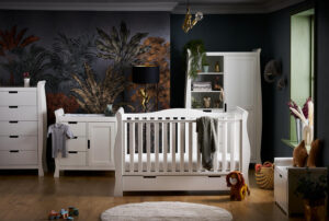 Roomset photography nursery furniture cot wardrobe dresser tall boy